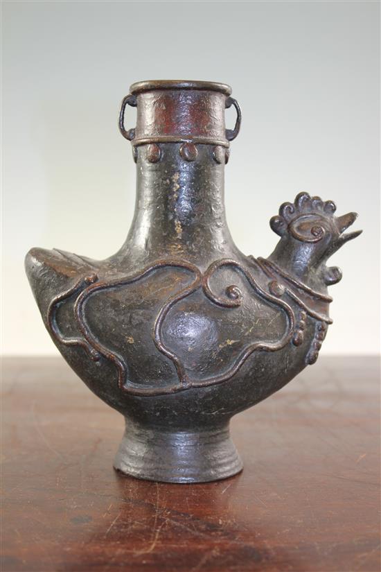 A Chinese archaistic bronze cockerel vessel, 20cm.